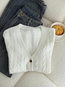 SHEIN 青少年女孩 V 领开衫基本款休闲常规长袖毛衣，适合秋冬季、返校季 - 米色 - 查看 3