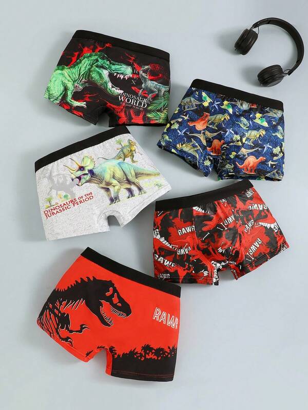 5pcs/Set Young Boy Cartoon Dinosaur Print Briefs, Comfortable Boxer Shorts