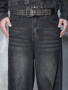 Manfinity EMRG 男士黑色牛仔两件套，拉链牛仔夹克和宽松阔腿裤，秋冬男士阔腿黑色牛仔裤 - 黑色 - 查看 7