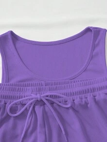 SHEIN Unity 2pcs/Set Sleeveless Bodysuit And Drawstring Casual Shorts Set - Purple - View 4
