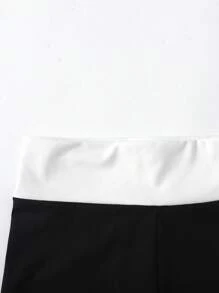 SHEIN 青少年女孩休闲运动镂空后背双色短袖短款上衣和配套双色裤子套装 - 黑色 - 查看 6
