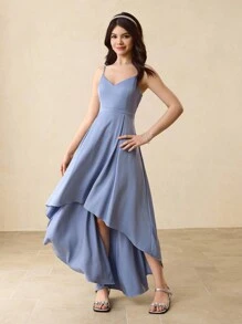 适合少女的优雅舞会礼服，适合婚礼的花童礼服，适合万圣节、圣诞节和正式活动的蓝色缎面露背长裙，适合返校的时尚女孩鱼尾薄纱连衣裙 - 淺藍色 - 查看 4