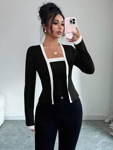 Elenzga 2件套女士针织拼布优雅长袖开衫和背心套装