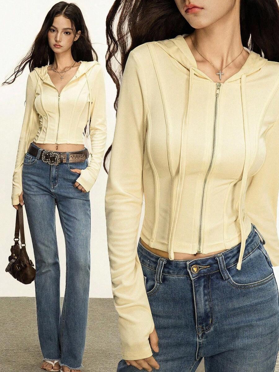 Rina Fox 女士休闲性感简约鱼骨图案拉链短款连帽开衫 - 杏色 - 查看 1