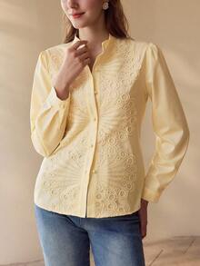 MOTF PREMIUM CONTRAST GUIPURE LACE BUTTON UP BLOUSE - Yellow - View 8
