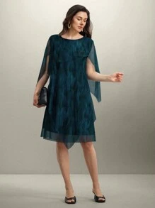 SHEIN Clasi Váy nữ cỡ lớn in họa tiết hoa lưới xanh lam thanh lịch, trang phục mùa hè cho nữ, váy mùa hè cho nữ, váy kín đáo cho nữ, trang phục mùa hè - Màu xanh bụi bặm - Xem 3