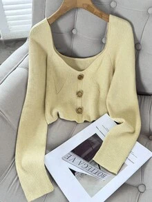 Franclia 性感U领修身单排扣金属纽扣装饰针织毛衣，休闲套头衫针织套头衫秋冬 - 白色 - 查看 3