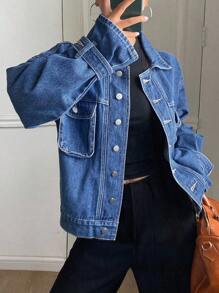 DAZY 秋冬新款宽松休闲厚款工装风女式牛仔夹克和外套 - 藍色 - 查看 3