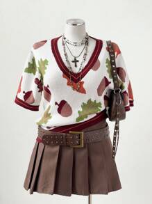 Sunspun Women Plus Knitted Leaf Pattern Short Sleeve Knit Top, New Autumn/Winter Design, Fall Top - Multicolor - View 8