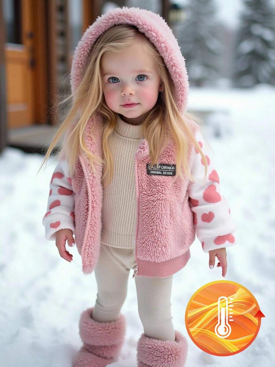 SHEIN Playful Pals 女宝宝休闲加厚豹纹连帽羊毛外套，秋冬