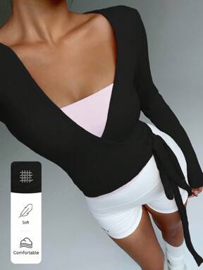 Pink Yoga Fitness Sports Stretchy Soft Open Front Tie-Up V-Neck Wrap Long Sleeve Cropped Tight Tee, Fashionable Minimalist Casual Elegant Wardrobe Essential Design For Women, Spring/Autumn Fall Cloth For Women