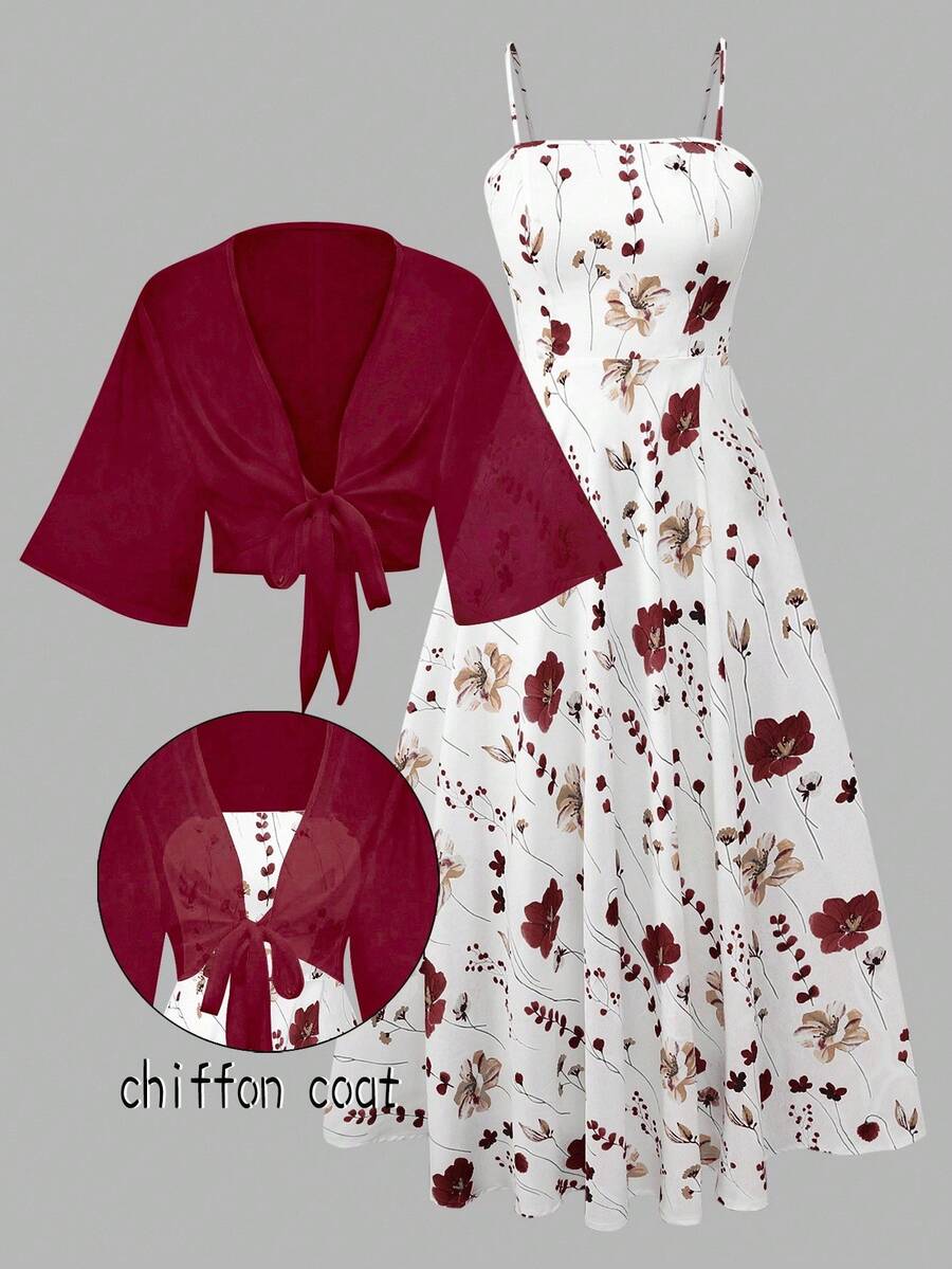 Franclia 大码女式时尚夏季碎花雪纺连衣裙和夹克优雅两件套