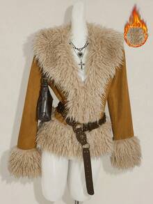 SHEIN ICON Women's Faux Fur & Suede Patchwork Jacket, Western Style, Retro Y2K Sexy, Autumn/Winter