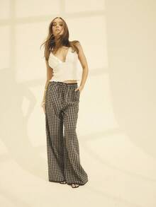 Aralina 秋冬款 Stolkhom 格纹阔腿裤，侧边口袋，腰部和裤脚饰有撞色蕾丝边，休闲机场装扮 - 彩色 - 查看 6