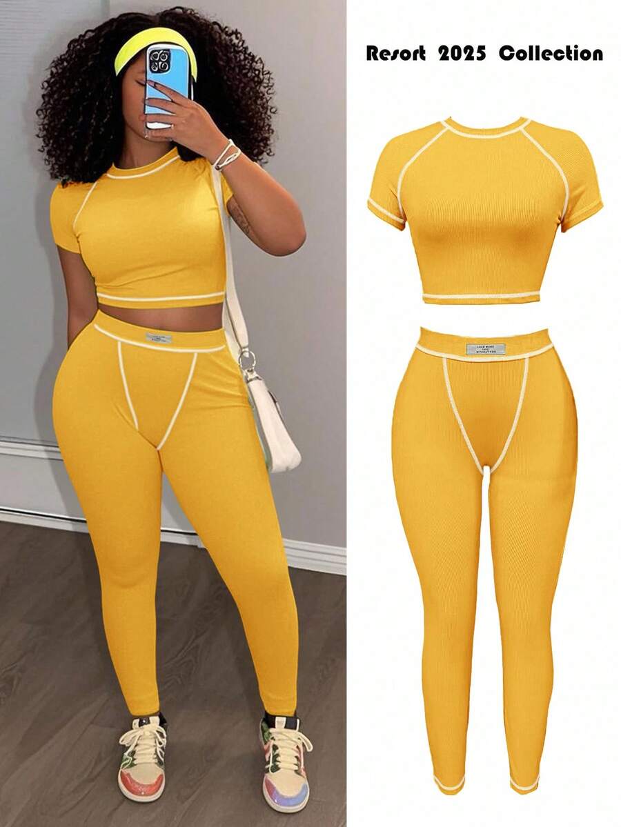 Slaydiva 2025 春夏新款休闲街头百搭运动基础修身绿色圆领短袖短款T恤和撞色腰裤女两件套，适合音乐节、复活节、西部游牧风格、乡村风格、婚礼嘉宾、日常旅行、毕业季、派对聚会、俱乐部、运动健身、瑜伽 - B - 黃色 - 查看 1