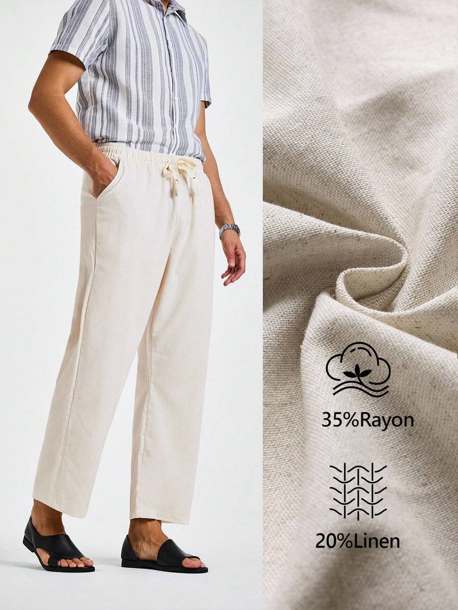 Manfinity Homme 男士抽绳腰直筒裤，纯色度假休闲裤，适合爸爸和丈夫，男朋友的礼物 - 米色 - 查看 1