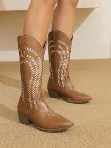 Styleloop Botas de tacón grueso de media pantorrilla con estilo retro occidental para mujer, adecuadas para festivales de música, Halloween, Navidad y fiestas - Marrón - Ver 3