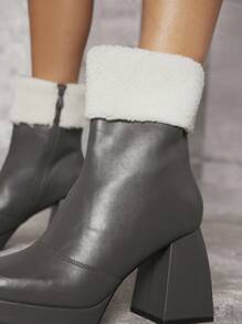 SHUZIA Fuzzy Cuff Block Heel Ankle Boots - Grey - View 3