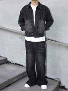 Manfinity EMRG 男士黑色牛仔两件套，拉链牛仔夹克和宽松阔腿裤，秋冬男士阔腿黑色牛仔裤 - 黑色 - 查看 5