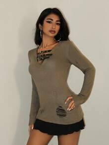 Flirla Autumn New Women's Leather Buckle Patchwork Ripped V-Neck Design Slim Fit Knit Pullover Top Fall Winter Cloth For Women - Army Green - View 5