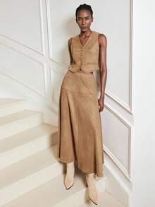 Maija Women's Solid Color Vest & Skirt Suit, Fashionable For Commuting Autumn Clothes For Women Brown - Khaki - View 2