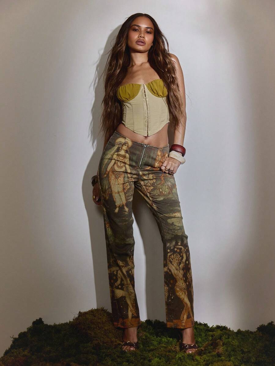 MUSERA 低腰拉链直筒印花牛仔裤，秋季可爱乡村西部风夜装Y2K街头风同步冬季派对时尚春夏 - 墨綠色 - 查看 1