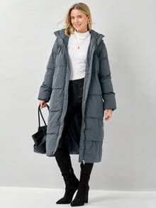 Miaspire Solid Color Hooded Belted Long Padded Jacket