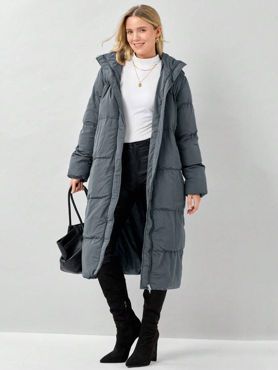 Miaspire Solid Color Hooded Belted Long Padded Jacket
