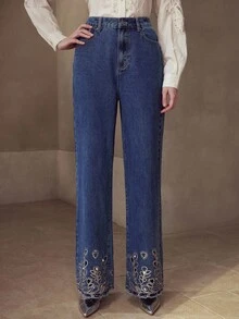 MOTF PREMIUM 刺绣水钻牛仔裤 - 藍色 - 查看 3