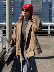 DAZY 女士休闲纯色宽翻领宽松羊毛大衣，秋冬夹克 - 棕色 - 查看 5