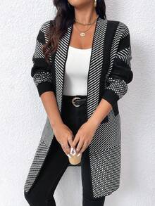 SHEIN PETITE CURVE Plus Size Women Striped Long Sleeve Open Front Casual Knit Cardigan, Autumn Winter Fall - Black - View 4