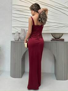Jemour 缎面褶皱裹胸伴娘礼服优雅正式晚会舞会婚礼宾客礼服，适合毕业典礼、晚宴派对礼服 - 紫紅色 - 查看 2