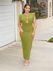 Lupita Cardoza 女式镂空金属扣腰部夸张肩部连衣裙 - 綠色 - 查看 4
