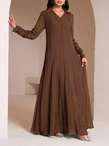 Veilorie Modest Casual Shirt Collar Ruched Sleeve Super Long Dress For Women, Women's Arabic Style Dress Dress Modest Long Sleeve Long Dress Chocolate Brown Dress Brown Elegant Dress Women Brown Long Dress