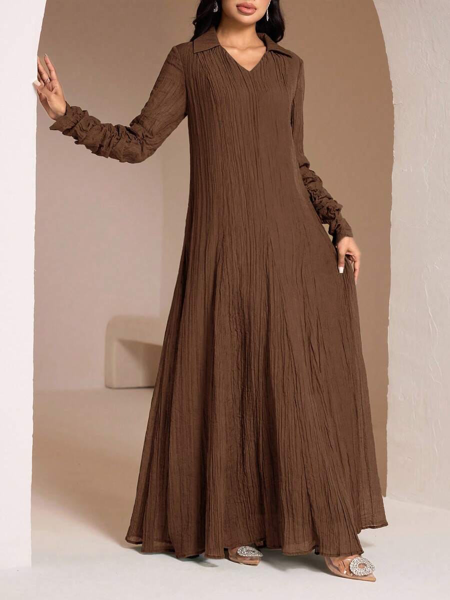 Veilorie Modest Casual Shirt Collar Ruched Sleeve Super Long Dress For Women, Women's Arabic Style Dress Dress Modest Long Sleeve Long Dress Chocolate Brown Dress Brown Elegant Dress Women Brown Long Dress