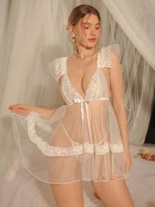 Spicy Aura 2pcs White Mesh Lace Patchwork Sheer Multi-Layered Ruffle Hem A-Line Babydoll Lingerie, Sleepwear Summer Elegant Sexy Night Party Date Night - White - View 5