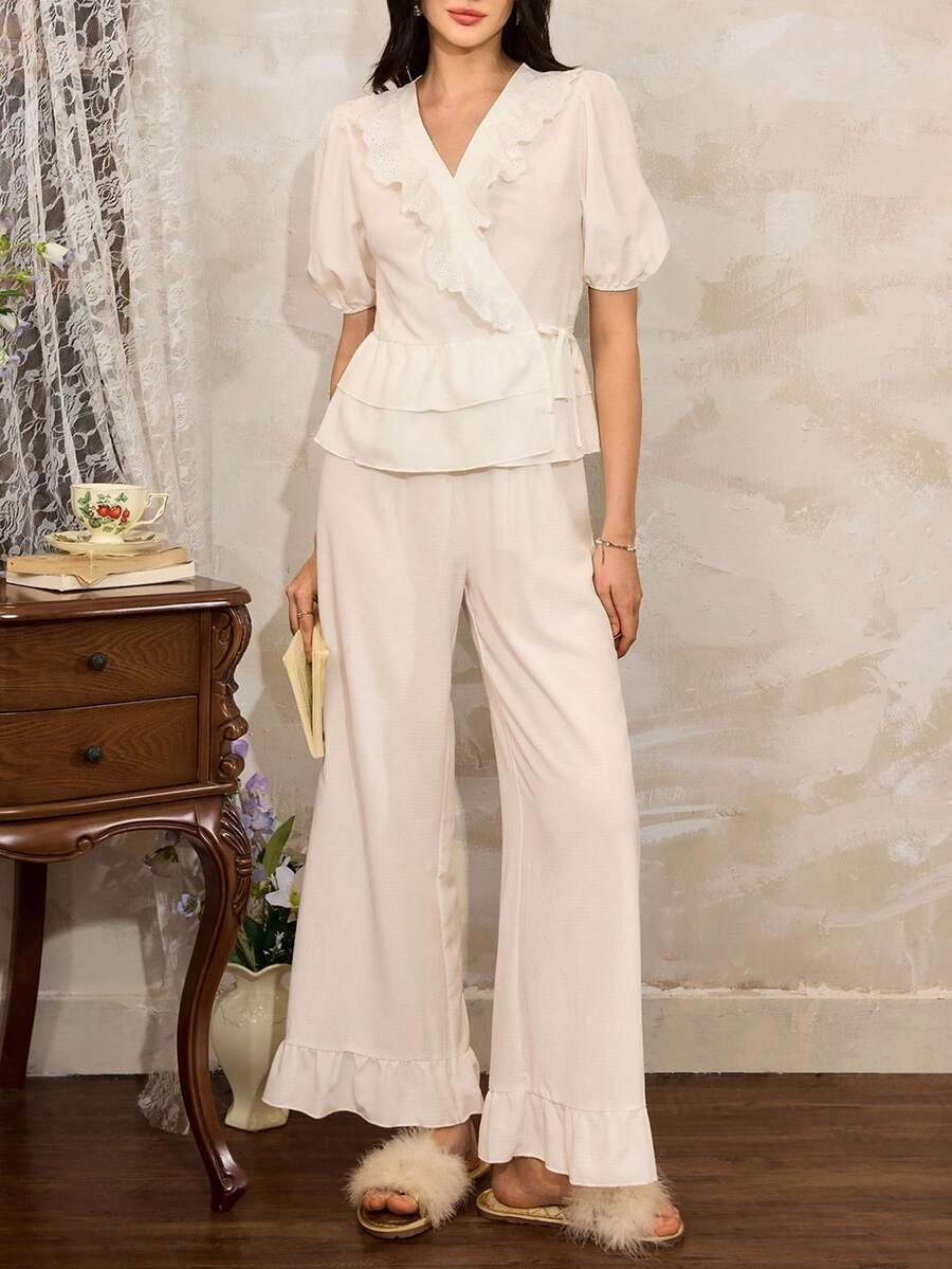 Côtesoire 法式优雅荷叶边女士睡衣套装 - 白色 - 查看 1