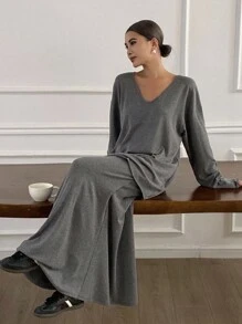 Livesso Herbst/Winter Neue Locker Lässige Einfarbige Schlabberige Frauen 2-Teiliges Set Loungewear für Frauen - Grau - Übersicht 1