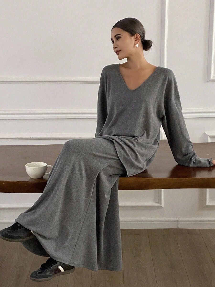 Livesso Herbst/Winter Neue Locker Lässige Einfarbige Schlabberige Frauen 2-Teiliges Set Loungewear für Frauen - Grau - Übersicht 1