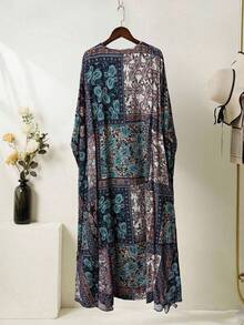 Al Najma Women's Solid Color Sleeveless Dress + Paisley Print Robe Arabic Style Set - Navy Blue - View 7