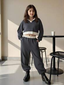 2件套青少年女孩休闲长袖上衣和宽松裤子套装 - 彩色 - 查看 1