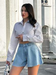 EURMUSE 100%Cotton MID WAIST DIAMOND DETAILED SHORT - Light Wash - View 4