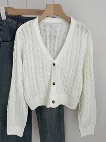 SHEIN 青少年女孩 V 领开衫基本款休闲常规长袖毛衣，适合秋冬季、返校季 - 米色 - 查看 6