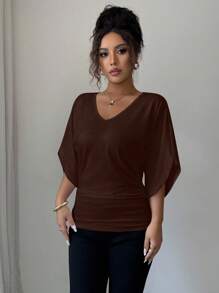 Elenzga Women's Casual Batwing Sleeve V-Neck Solid Color Fitted Short Sleeve T-Shirt - Coffee Brown - View 3