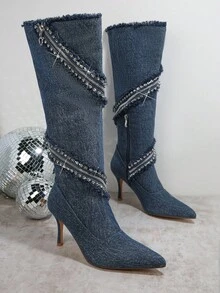 SHUZIA Women's Fashionable High-Top Boots With Pointed Toe And Glitter Decoration - Blue - View 3