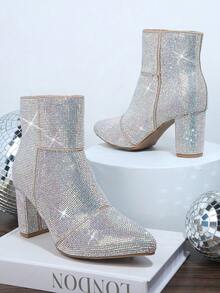 SHUZIA Bestseller Women's Luxury Rhinestone Champagne Chunky Heel Short Point-Toe Boots:Eye-Catching Luxury,Mysterious Elegance, Holiday Party Essential - Champagne - View 3