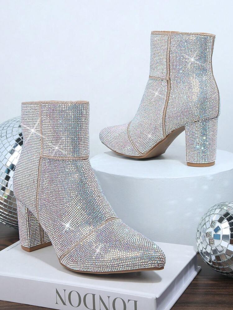 Bestseller Women's Luxury Rhinestone Champagne Chunky Heel Short Point-Toe Boots:Eye-Catching Luxury,Mysterious Elegance, Holiday Party Essential