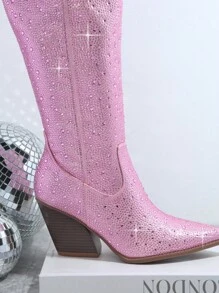 SHUZIA 水鑽側拉鍊及膝靴子 - 粉色 - 查看 5