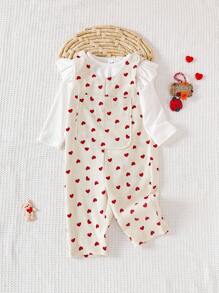 女婴休闲宽松可爱全身心印花圆领无袖天鹅绒连体裤，秋冬 - 杏色 - 查看 3