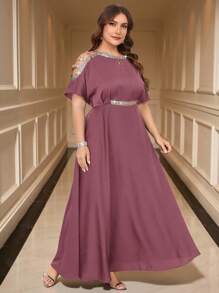 SHEIN Clasi Plus Size Rhinestone Decor Off-Shoulder Elegant Solid Color Dress